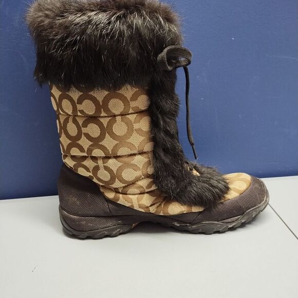 Coach Jennie Signature Winter Boots Womens Sz 9.5 Brown Black Rabbit Fur Lace Up - Picture 10 of 15